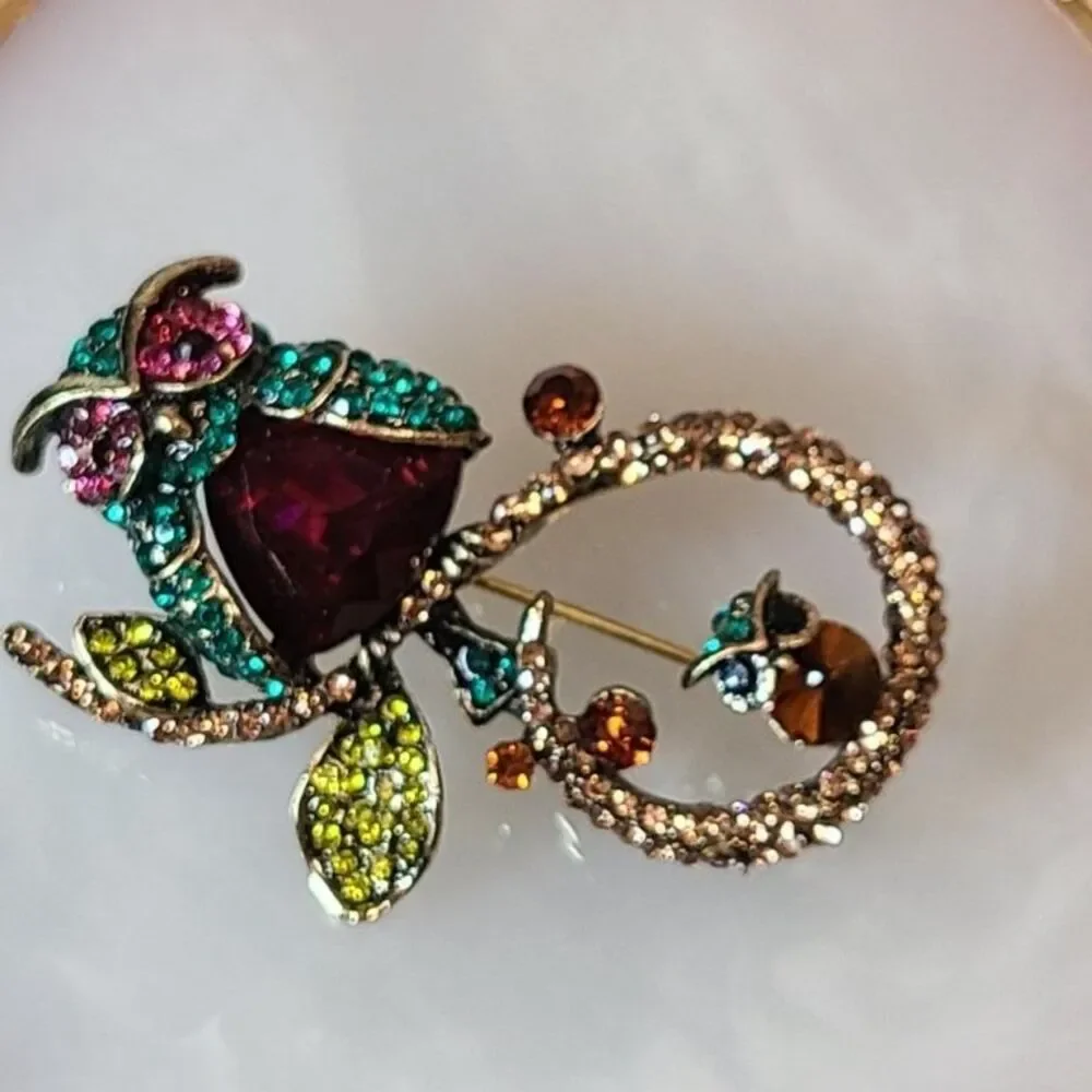 Multicolor Rhinestone Owl Brooch Pin Gold Tone Crystal Bird Women's Fashion Gift